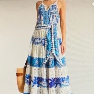 FARM Rio Blue and White Lace Maxi Dress